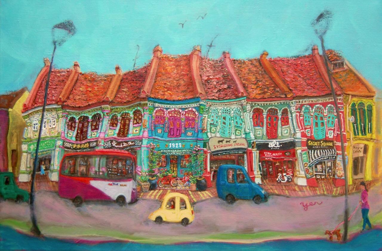 Singapore Katong Peranakan Shophouses Landscape Oil Painting - City Street Heritage Artwork - Vibrant Cityscape - Original Home Art Decor