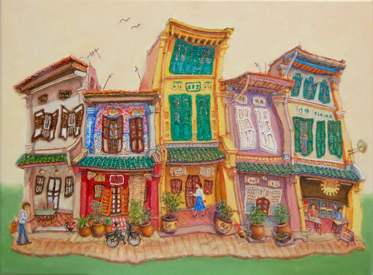 Singapore Traditional Chinese Shophouses Landscape Oil Painting - Vibrant City Heritage Architecture - Original Artwork for Unique Home Decor