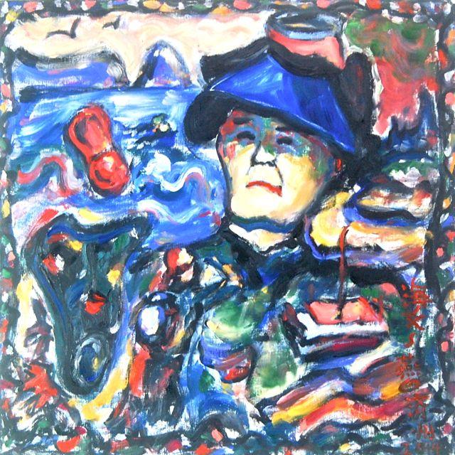 Haenyo - Colorful Korean Woman Diver Portrait Painting Original Oil Art, with jeju island blue sea coast in surreal abstract expressionism