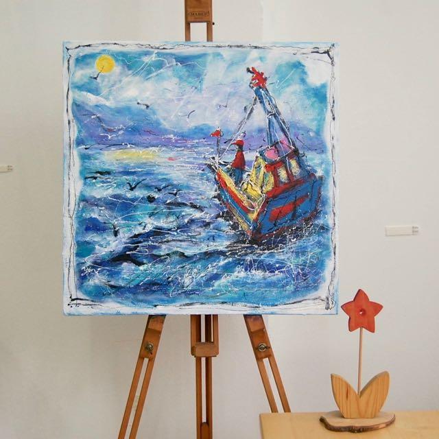 Sail to the Moon -Abstract Art, Sea Birds Boat Original Painting, Ocean Art, Blue, Seascape, Whimsical, Surreal, Bright, Night, New Zealand