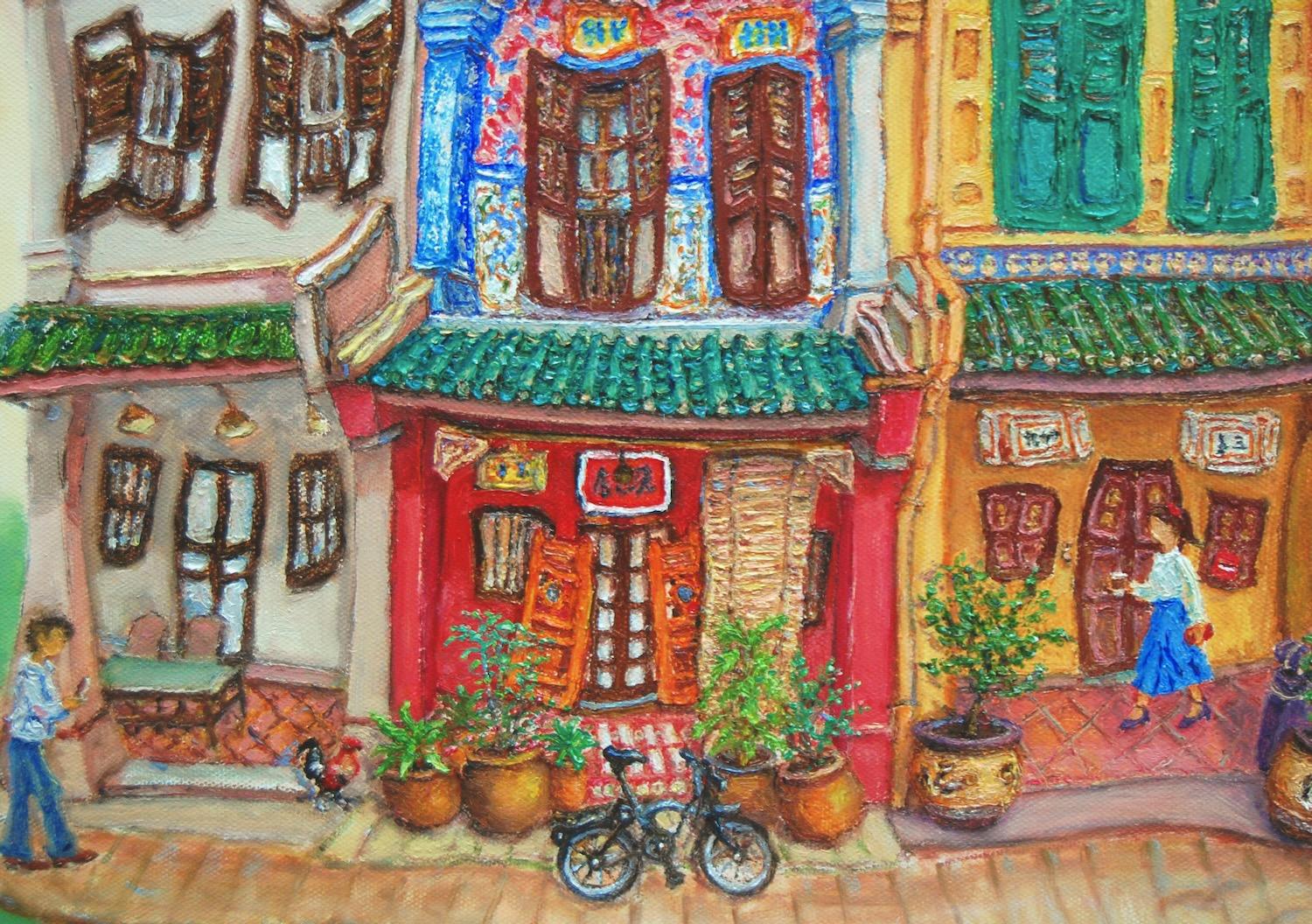 Singapore Traditional Chinese Shophouses Landscape Oil Painting - Vibrant City Heritage Architecture - Original Artwork for Unique Home Decor