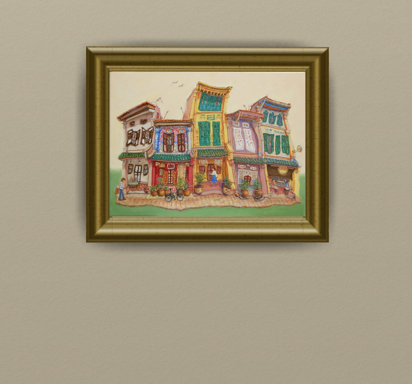Singapore Traditional Chinese Shophouses Landscape Oil Painting - Vibrant City Heritage Architecture - Original Artwork for Unique Home Decor