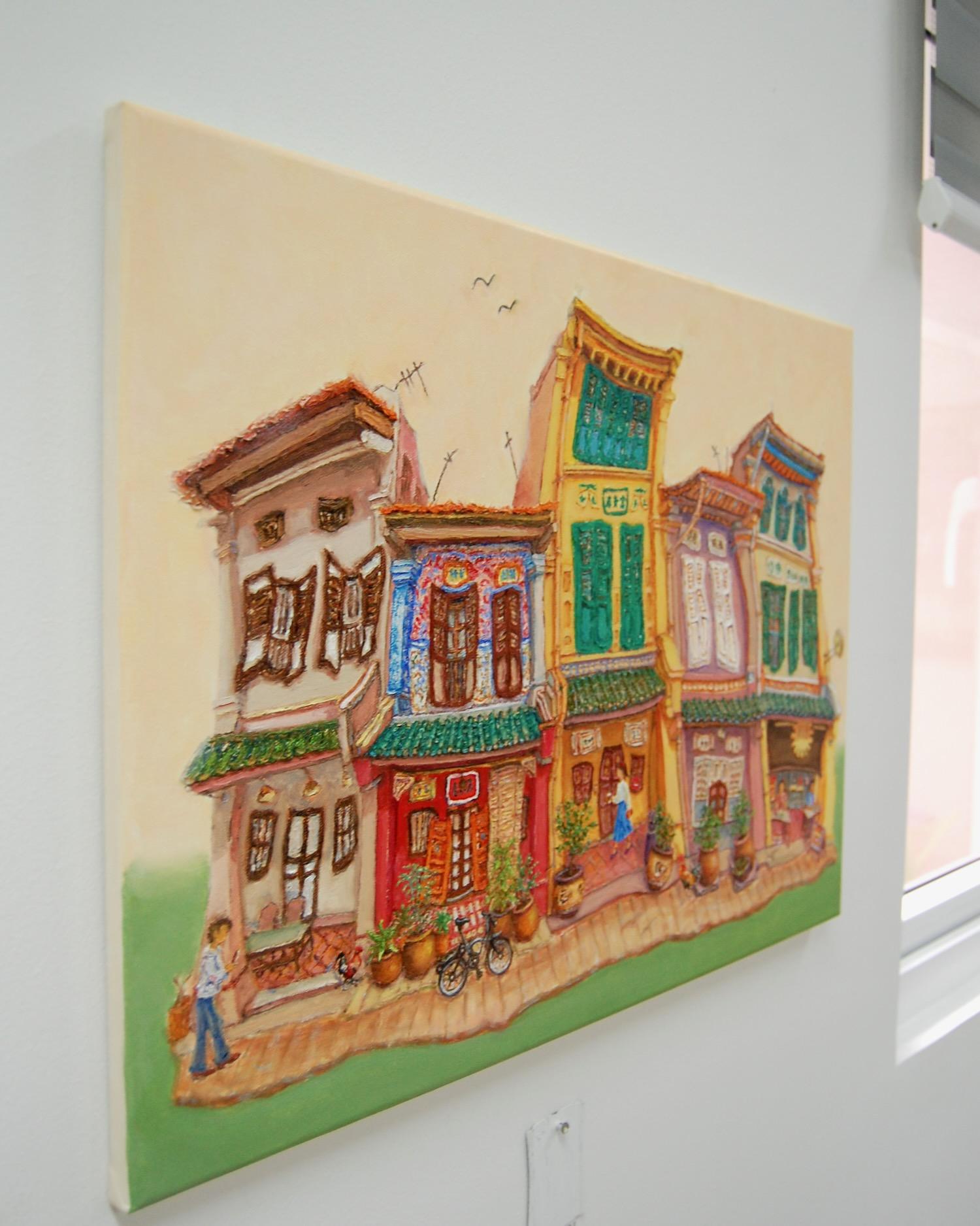 Singapore Traditional Chinese Shophouses Landscape Oil Painting - Vibrant City Heritage Architecture - Original Artwork for Unique Home Decor