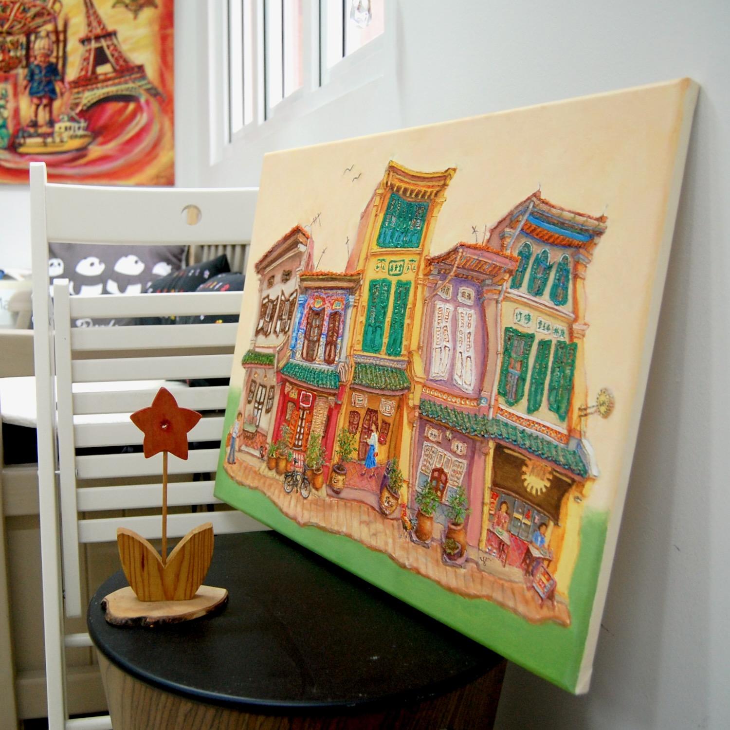 Singapore Traditional Chinese Shophouses Landscape Oil Painting - Vibrant City Heritage Architecture - Original Artwork for Unique Home Decor