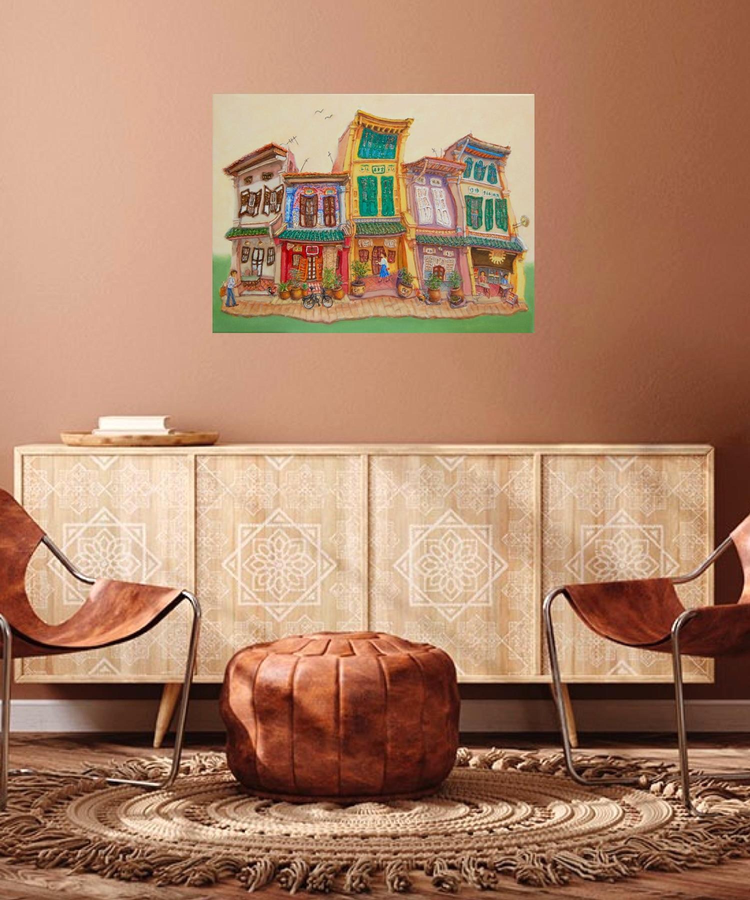 Singapore Traditional Chinese Shophouses Landscape Oil Painting - Vibrant City Heritage Architecture - Original Artwork for Unique Home Decor