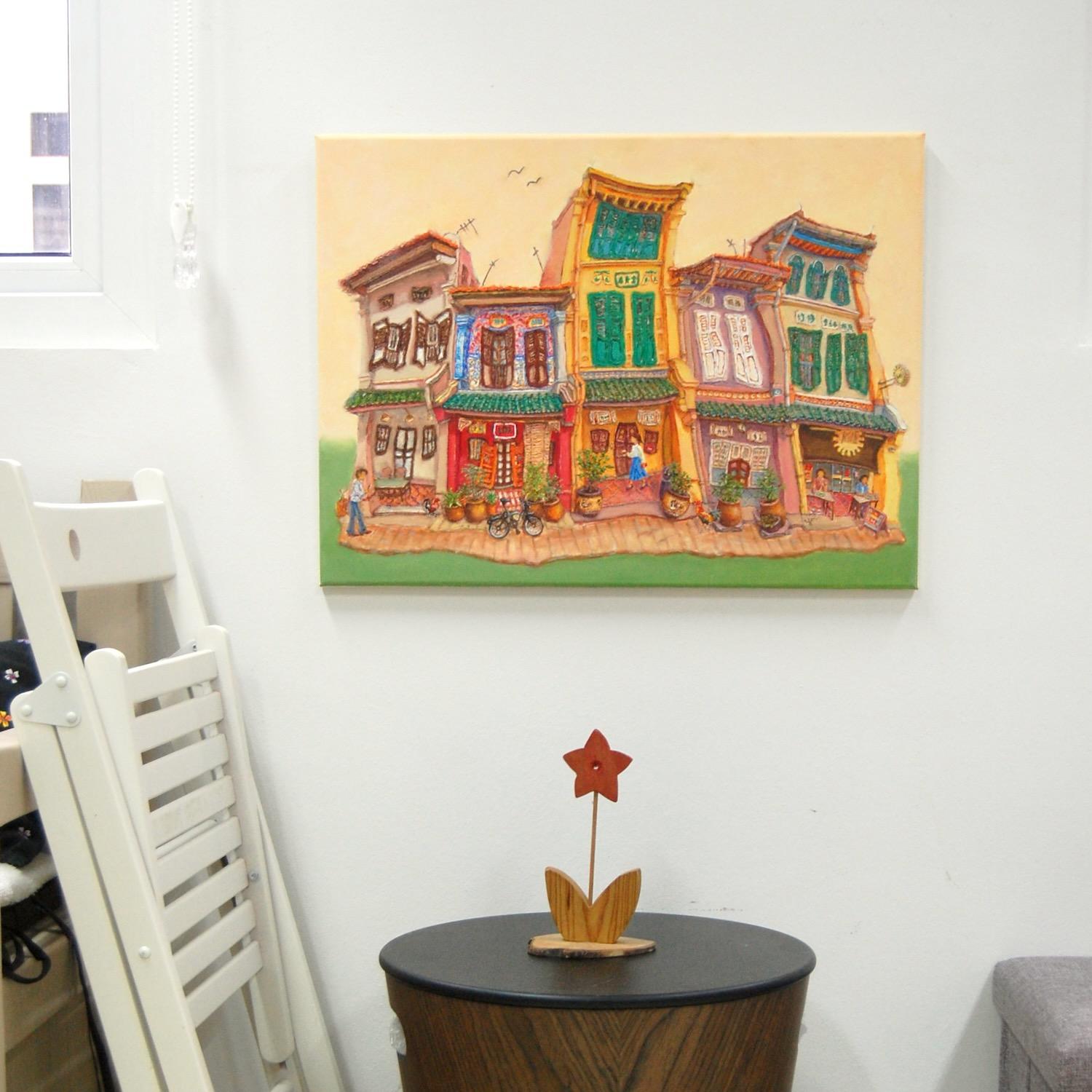 Singapore Traditional Chinese Shophouses Landscape Oil Painting - Vibrant City Heritage Architecture - Original Artwork for Unique Home Decor