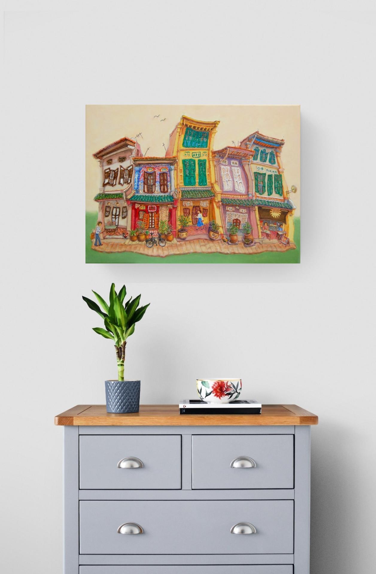 Singapore Traditional Chinese Shophouses Landscape Oil Painting - Vibrant City Heritage Architecture - Original Artwork for Unique Home Decor