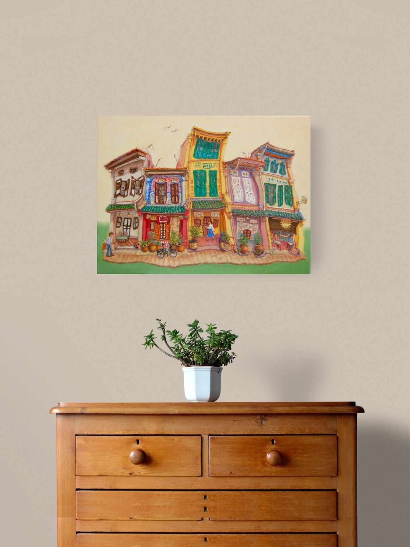 Singapore Traditional Chinese Shophouses Landscape Oil Painting - Vibrant City Heritage Architecture - Original Artwork for Unique Home Decor
