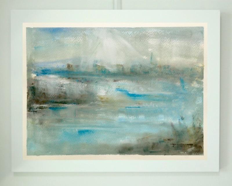 The Unbearable Lightness of Being - abstract impressionist watercolor painting of sea coastal city, original blue white landscape mood art