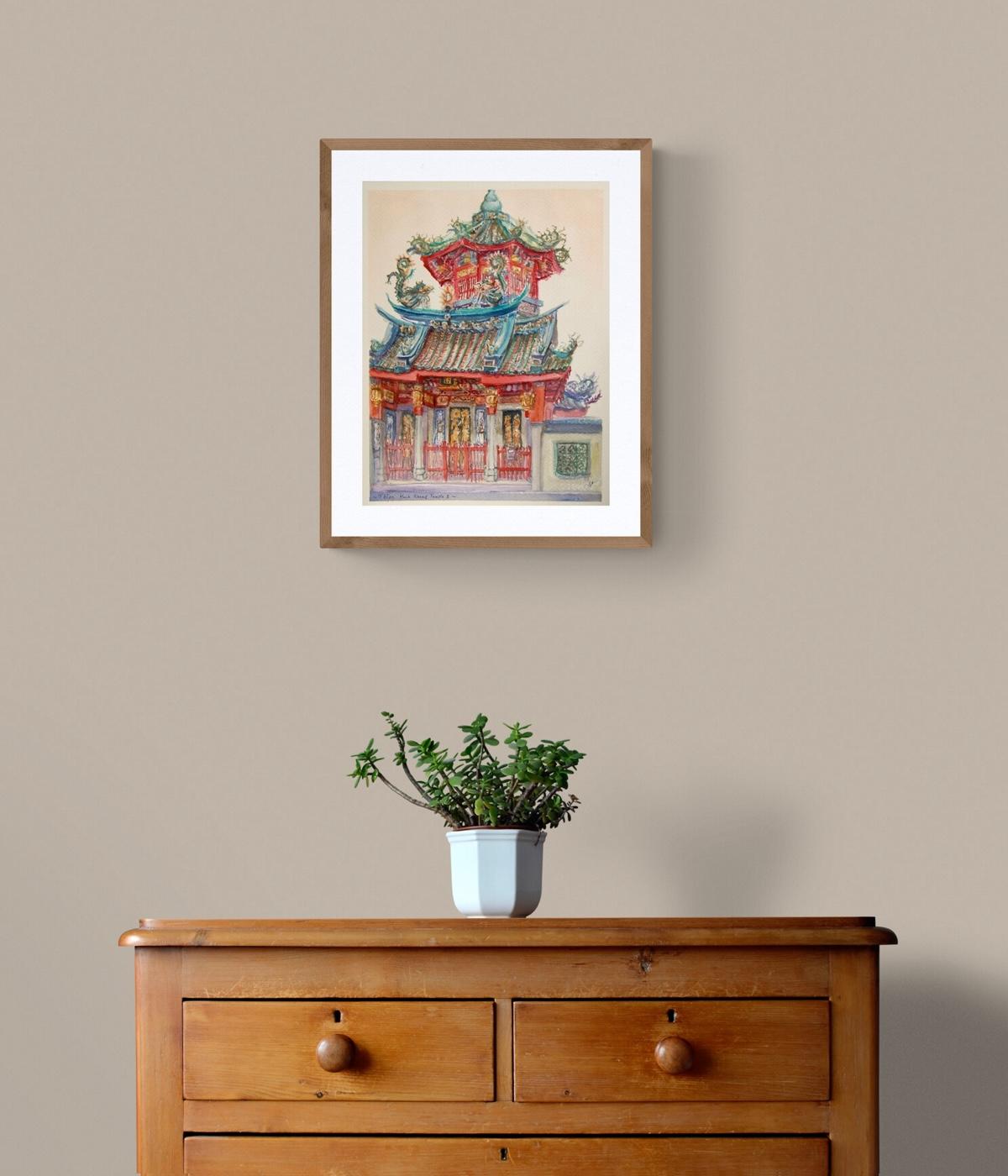Singapore Chinese Temple Watercolor Painting: Thian Hock Keng Hokkien Temple, Historic Architectural Art
