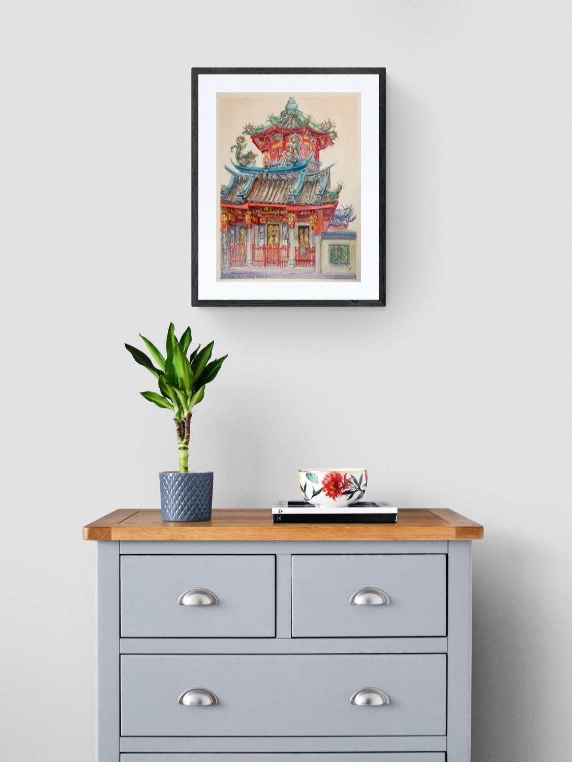 Singapore Chinese Temple Watercolor Painting: Thian Hock Keng Hokkien Temple, Historic Architectural Art