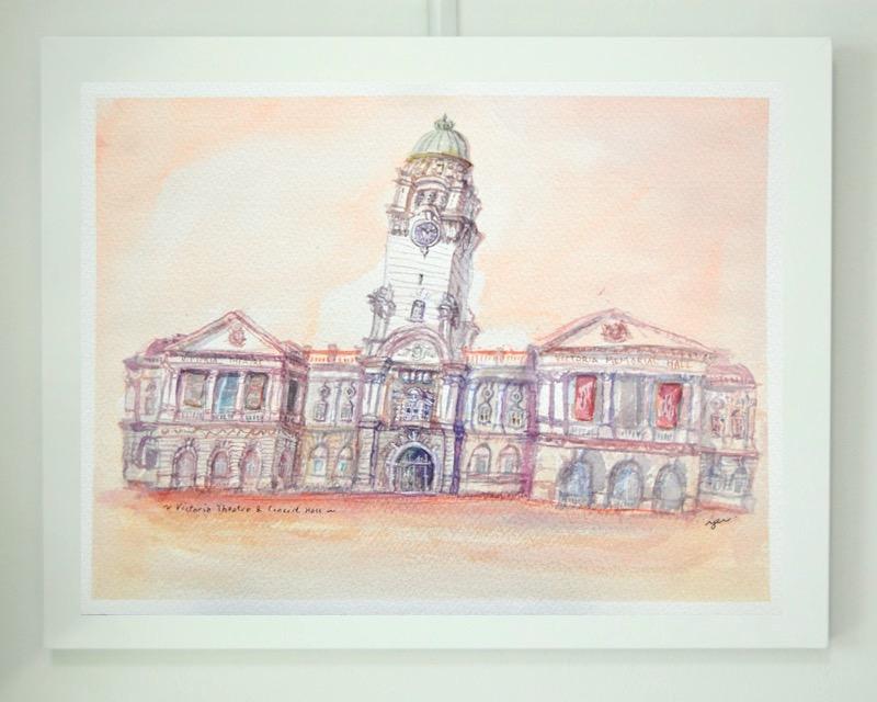 Singapore watercolor painting - Victoria Theatre Concert Hall - original artwork - Singapore icon - whimsical building - impressionism art