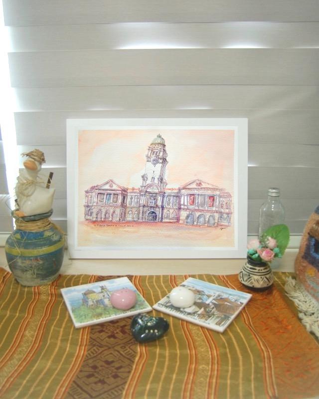 Singapore watercolor painting - Victoria Theatre Concert Hall - original artwork - Singapore icon - whimsical building - impressionism art