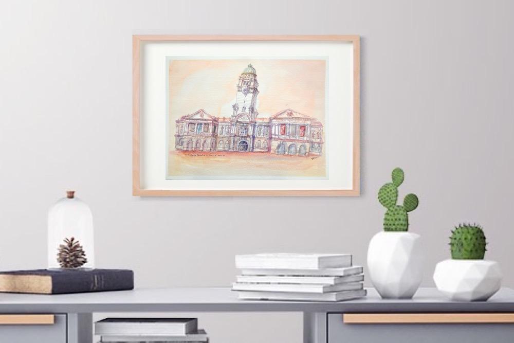 Singapore watercolor painting - Victoria Theatre Concert Hall - original artwork - Singapore icon - whimsical building - impressionism art