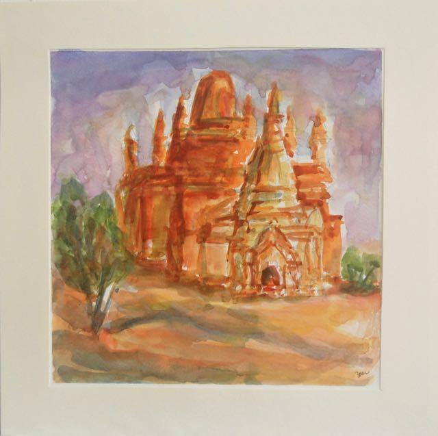 Myanmar Bagan orange temple impressionist original watercolour art, plein air artwork
