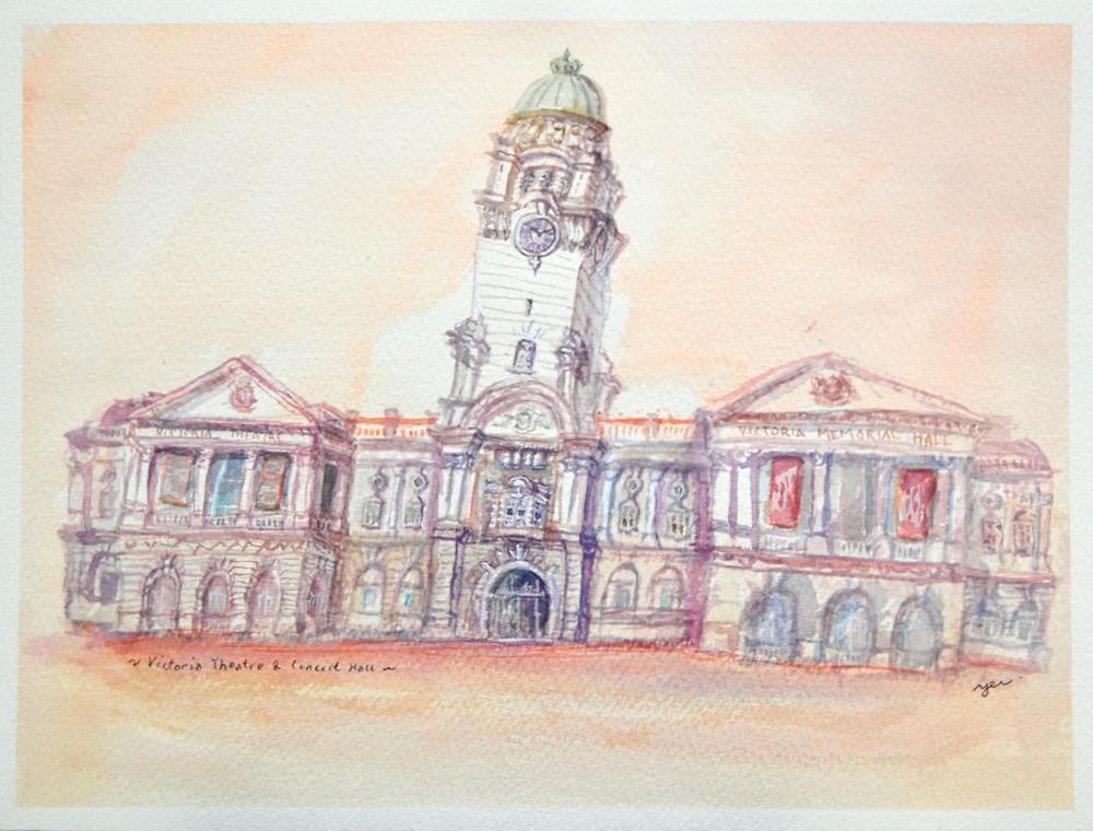 Singapore watercolor painting - Victoria Theatre Concert Hall - original artwork - Singapore icon - whimsical building - impressionism art