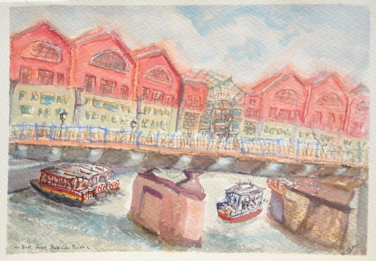 Singapore landscape watercolor painting - Boat Quay Riverside Point - original artwork - boats bridge scenery - whimsical impressionist art