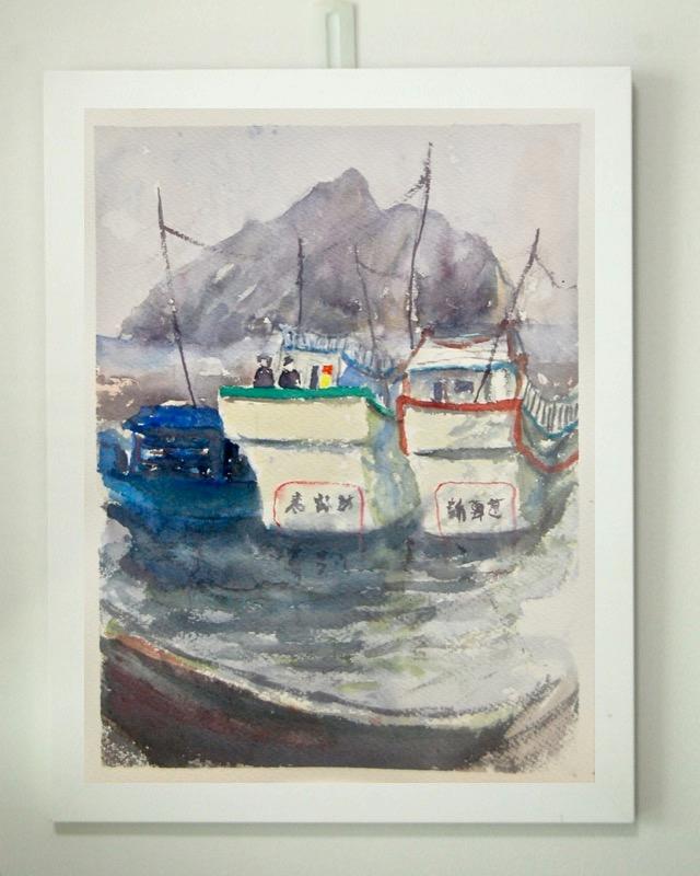 Taiwan Wu Shi port landscape impressionist painting with chinese fishing boats, original plein air artwork