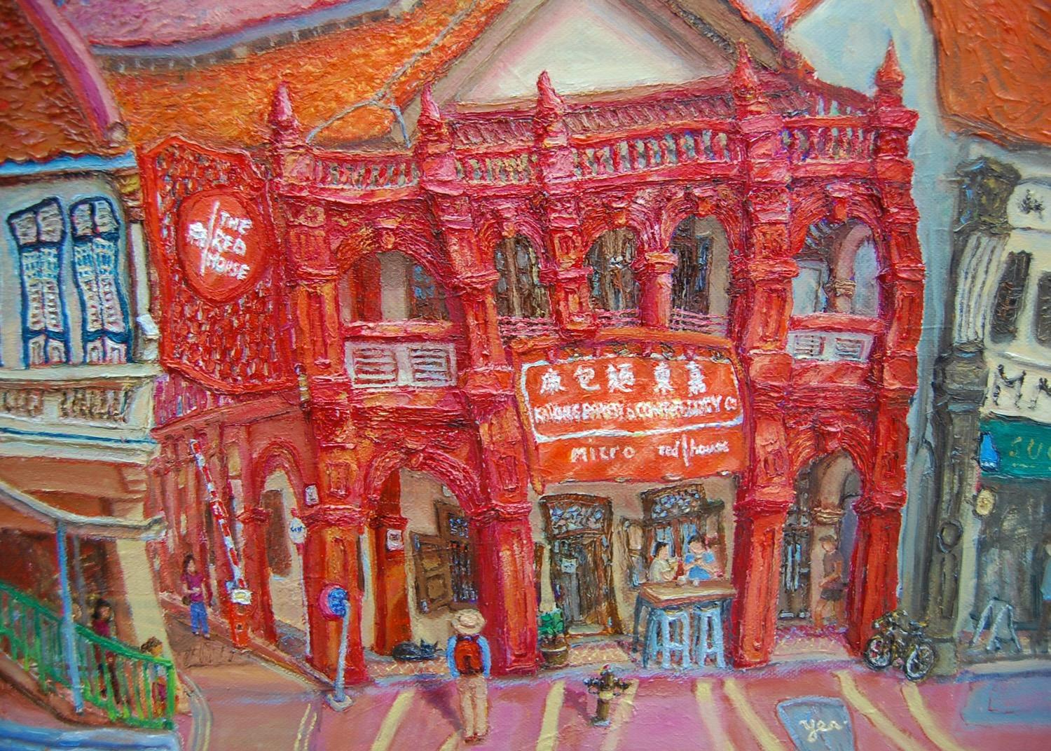 Katong Red House Bakery Vibrant Original Oil Painting by Singapore Artist: an Iconic Conservation Shophouse at Nostalgic Heritage Street