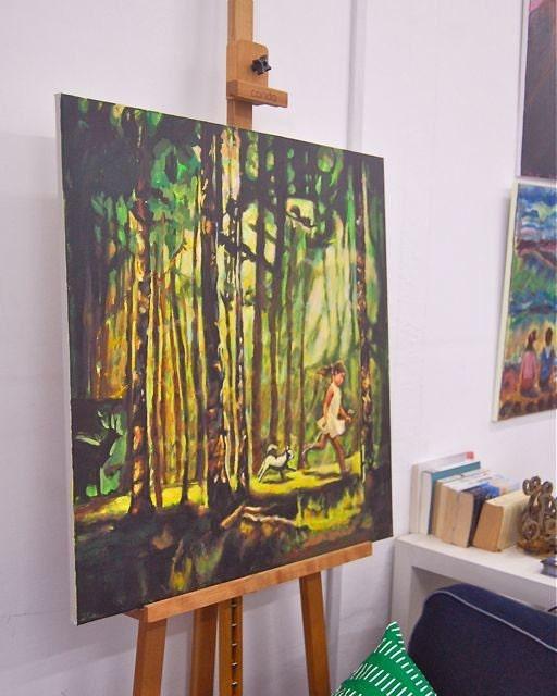 Magic Forest Trees Landscape Original Art Canvas Painting with running little Girl and Dog on a sunlight path of whimsical woods and animals