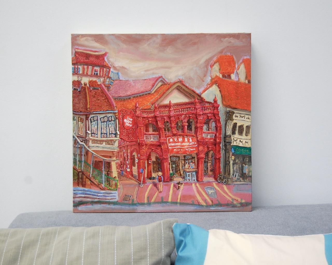 Katong Red House Bakery Vibrant Original Oil Painting by Singapore Artist: an Iconic Conservation Shophouse at Nostalgic Heritage Street
