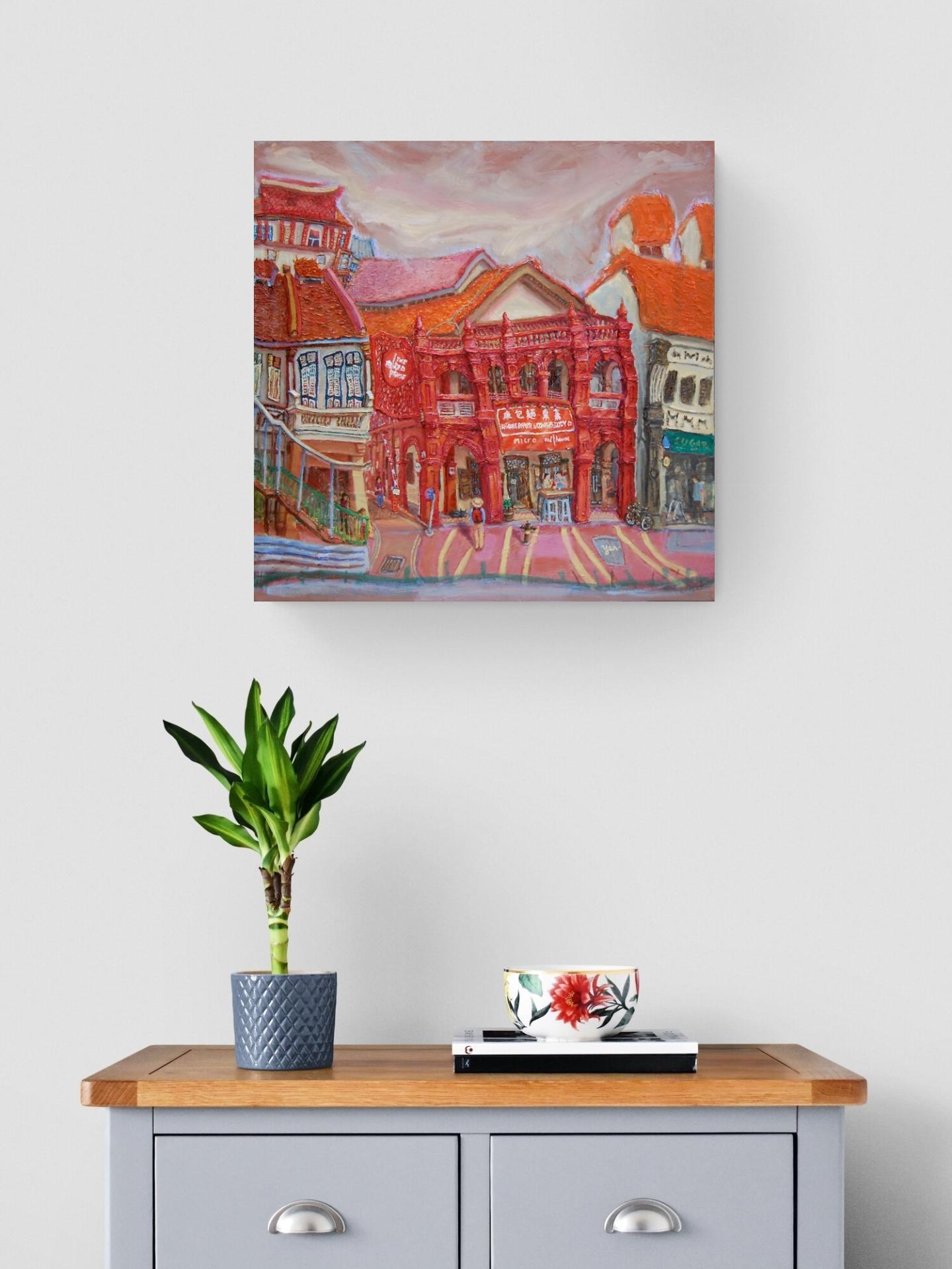 Katong Red House Bakery Vibrant Original Oil Painting by Singapore Artist: an Iconic Conservation Shophouse at Nostalgic Heritage Street