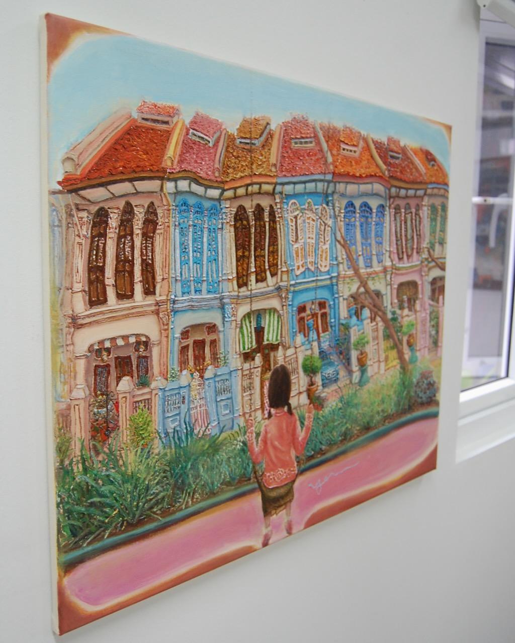 Emerald Hill Shophouses Oil Painting: Singapore Peranakan Heritage Street at Orchard Road with Little Nonya Girl on Swing