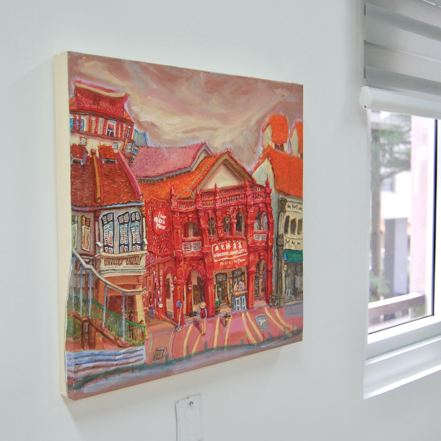 Katong Red House Bakery Vibrant Original Oil Painting by Singapore Artist: an Iconic Conservation Shophouse at Nostalgic Heritage Street
