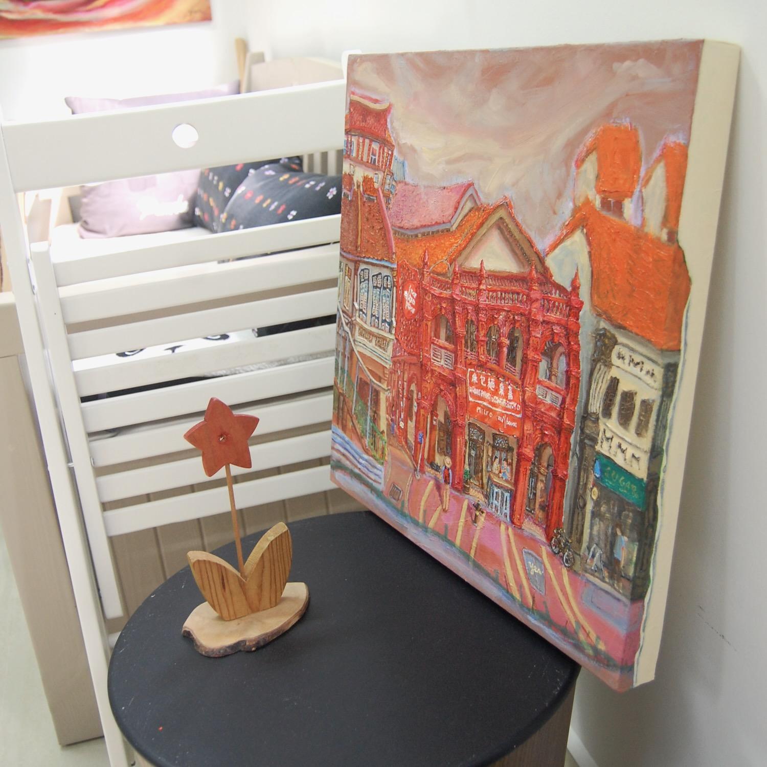 Katong Red House Bakery Vibrant Original Oil Painting by Singapore Artist: an Iconic Conservation Shophouse at Nostalgic Heritage Street