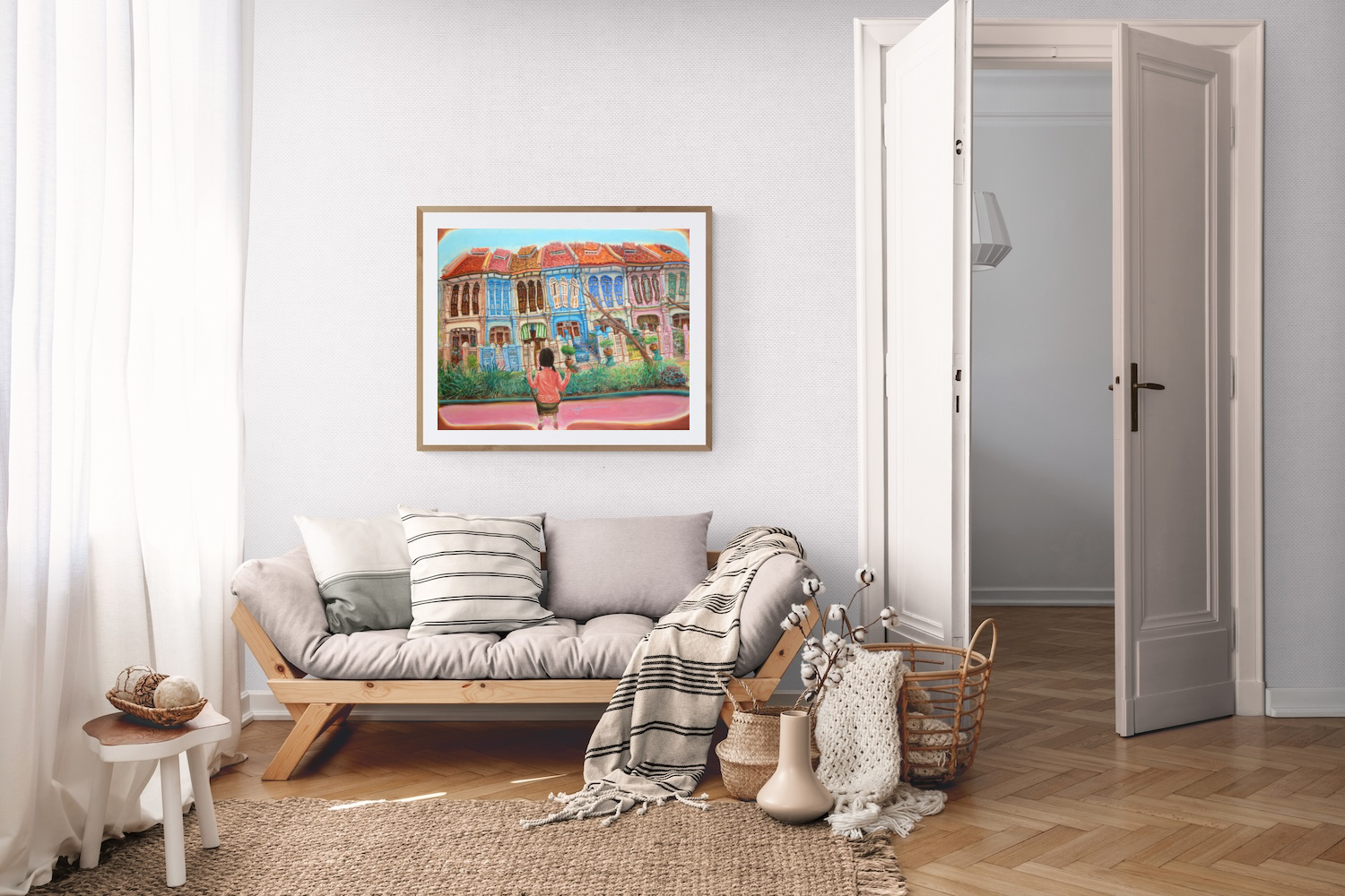 Emerald Hill Shophouses Oil Painting: Singapore Peranakan Heritage Street at Orchard Road with Little Nonya Girl on Swing