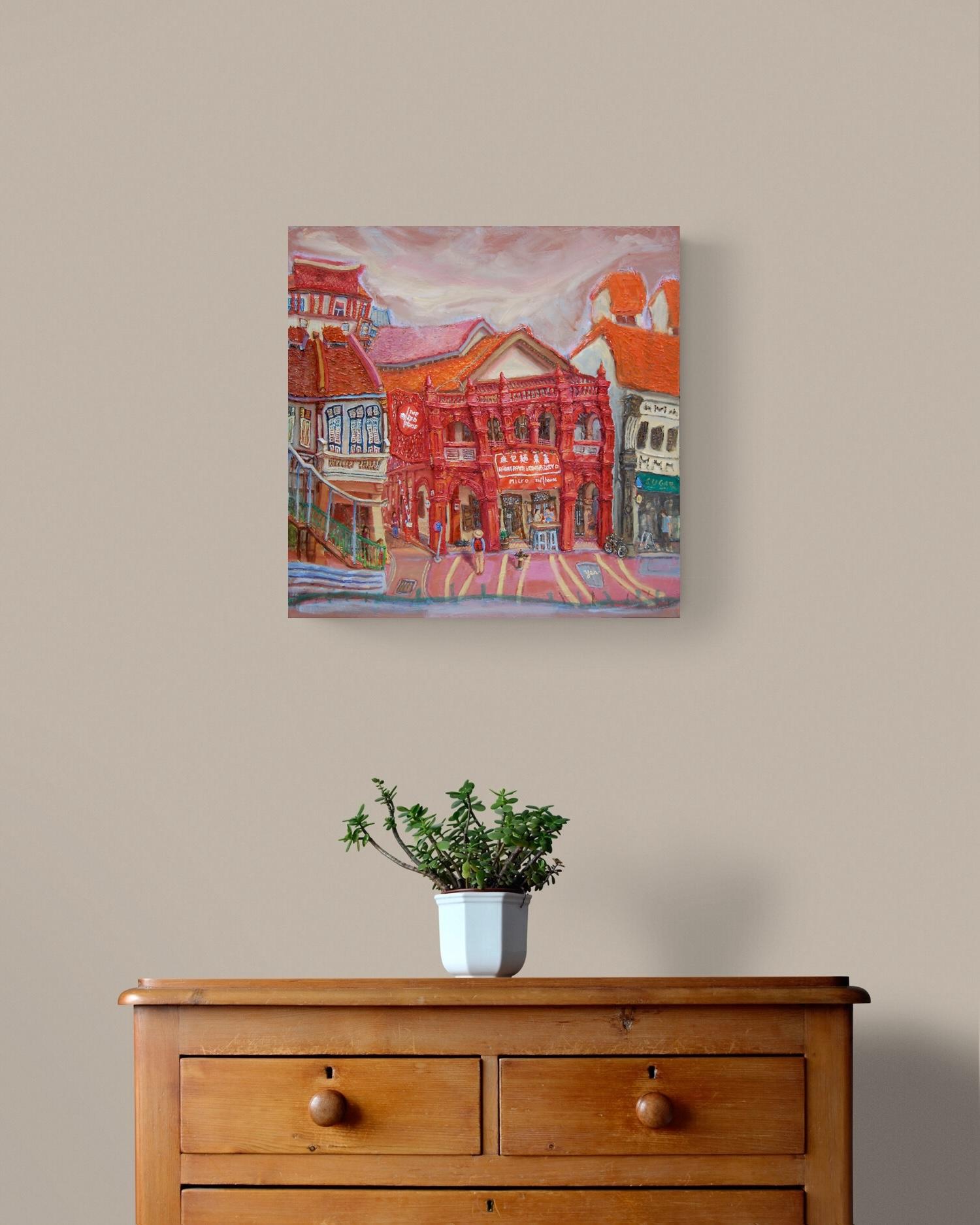 Katong Red House Bakery Vibrant Original Oil Painting by Singapore Artist: an Iconic Conservation Shophouse at Nostalgic Heritage Street