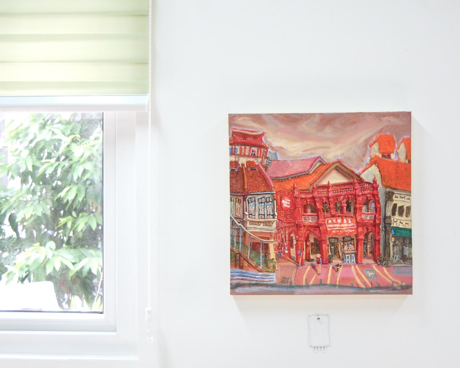 Katong Red House Bakery Vibrant Original Oil Painting by Singapore Artist: an Iconic Conservation Shophouse at Nostalgic Heritage Street