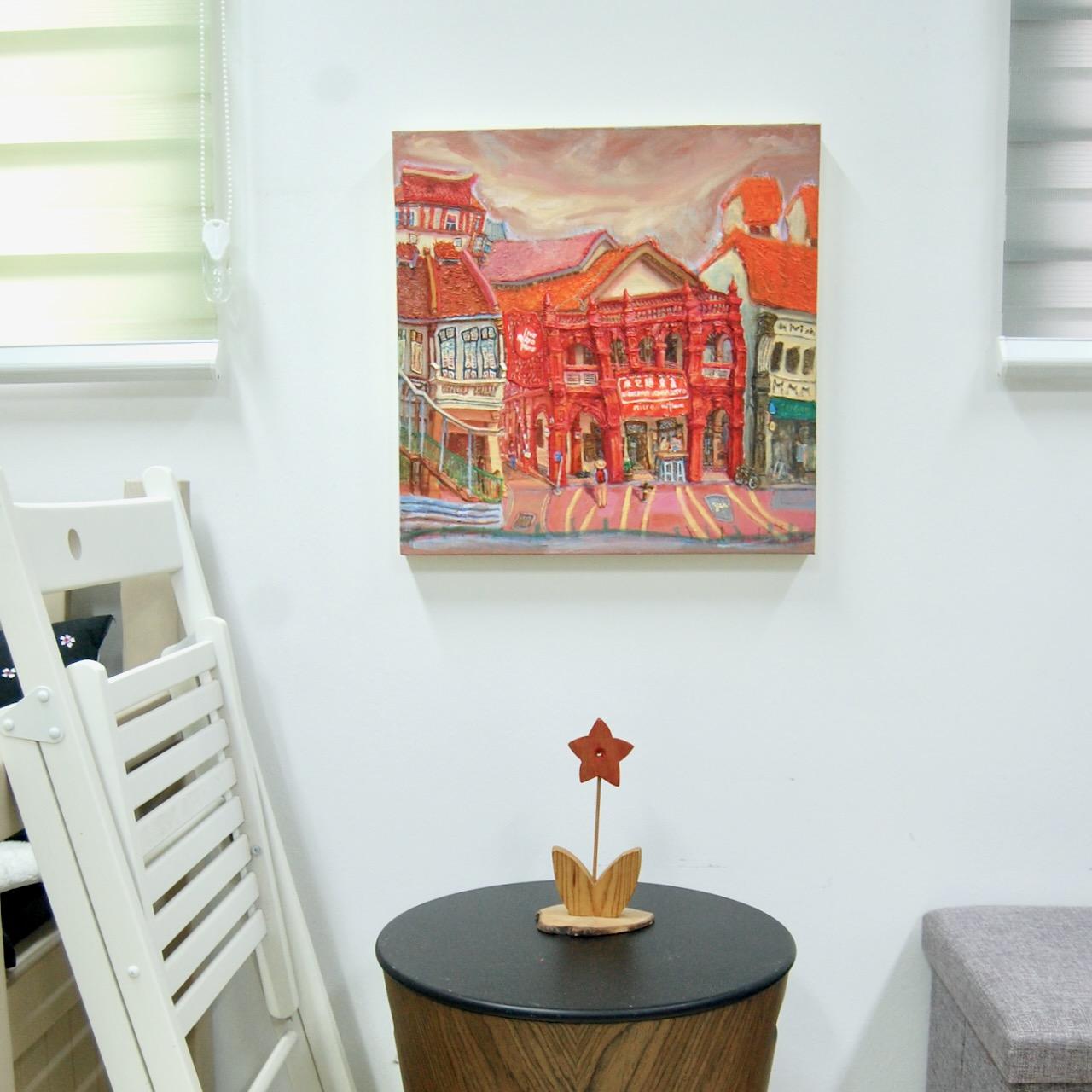 Katong Red House Bakery Vibrant Original Oil Painting by Singapore Artist: an Iconic Conservation Shophouse at Nostalgic Heritage Street