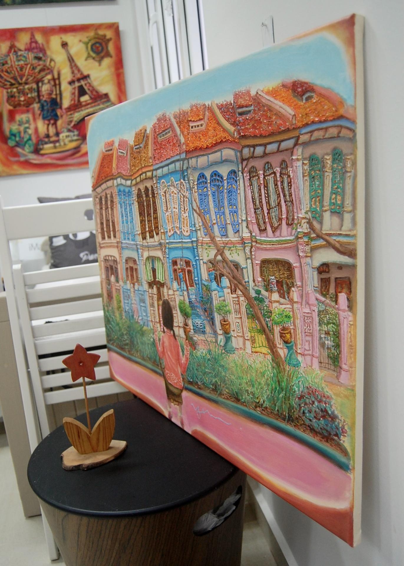 Emerald Hill Shophouses Oil Painting: Singapore Peranakan Heritage Street at Orchard Road with Little Nonya Girl on Swing