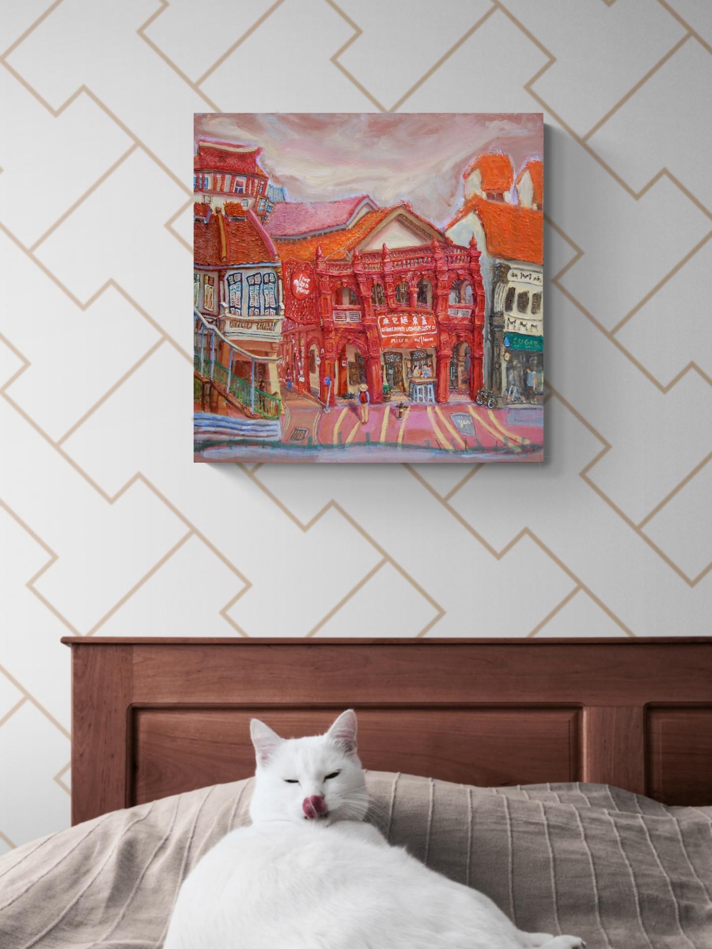 Katong Red House Bakery Vibrant Original Oil Painting by Singapore Artist: an Iconic Conservation Shophouse at Nostalgic Heritage Street