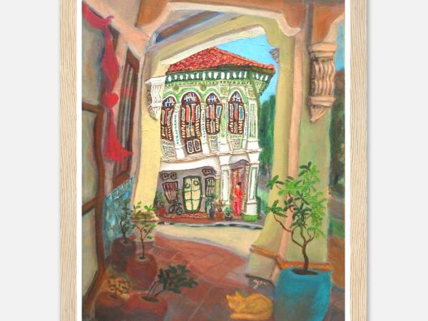 Singapore Art Print of Koon Seng Road Shophouse Art Painting, Asia Travel Poster Gift with Peranakan Lady and Sleeping Cat