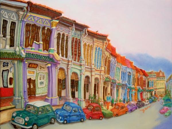 RESERVED - Emerald Hill Shophouses Oil Painting: Singapore Peranakan Heritage Street at Orchard Road with Colorful Vintage Cars