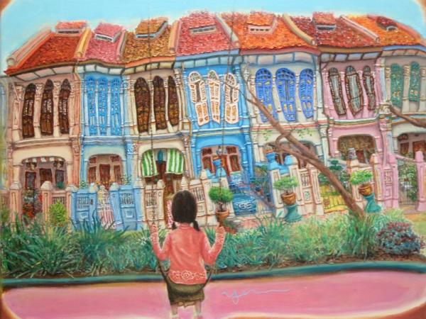Emerald Hill Shophouses Oil Painting: Singapore Peranakan Heritage Street at Orchard Road with Little Nonya Girl on Swing