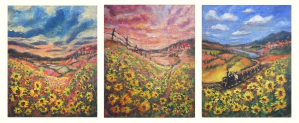 Ethereal | Twilight | Wanderer - each 30x24 in - acrylic canvasses '18 - sunflowers - SOLD (commissioned)