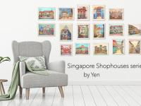 Singapore Signed Art Poster of Katong Shophouses Street Painting with Traditional Peranakan Rumah Bebe Shop, a Vibrant Asia Travel Souvenir Print