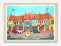 Singapore Signed Art Poster of Katong Shophouses Street Painting with Traditional Peranakan Rumah Bebe Shop, a Vibrant Asia Travel Souvenir Print