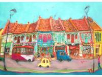 Singapore Signed Art Poster of Katong Shophouses Street Painting with Traditional Peranakan Rumah Bebe Shop, a Vibrant Asia Travel Souvenir Print