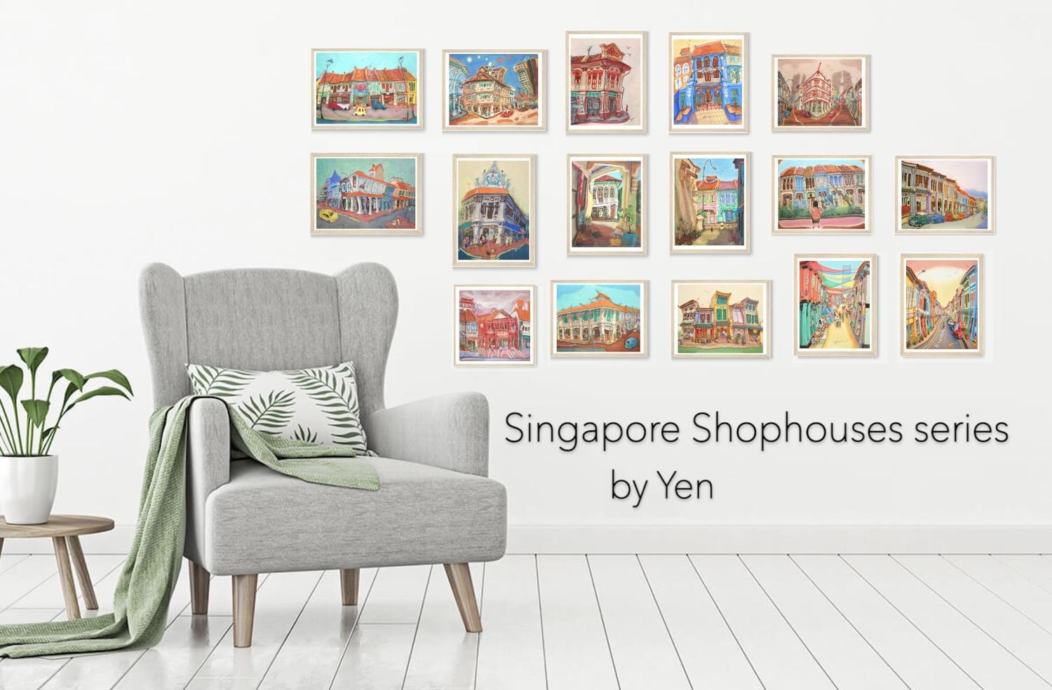 Singapore Signed Art Poster of Katong Shophouses Street Painting with Traditional Peranakan Rumah Bebe Shop, a Vibrant Asia Travel Souvenir Print