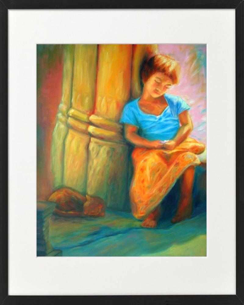 Impressionist Paintings Wall Art Prints 11x14" - Camobdian gril at Angkor Wat, whimsical pigeon birds on blue water fountain, european Poland Spain holidays decor travel art