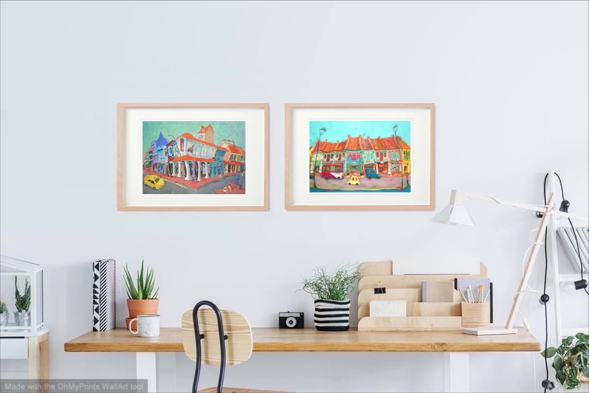 Singapore Signed Art Poster of Katong Shophouses Street Painting with Traditional Peranakan Rumah Bebe Shop, a Vibrant Asia Travel Souvenir Print
