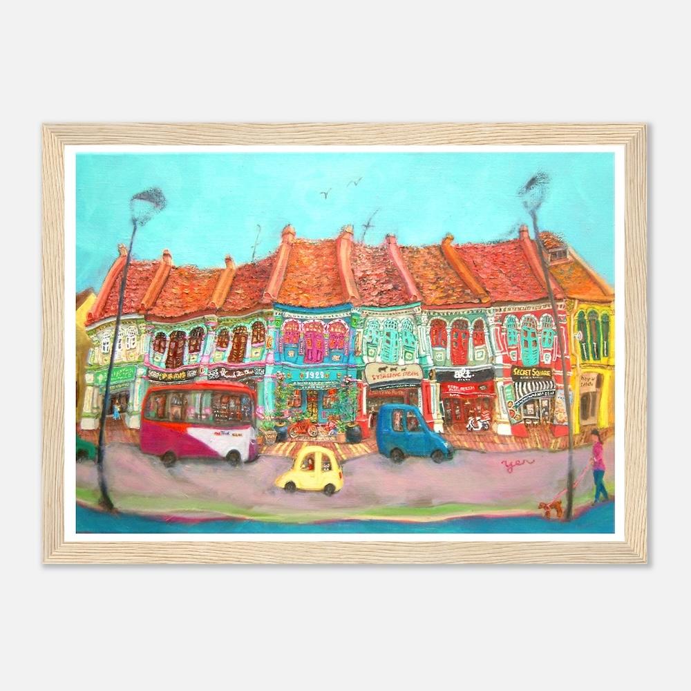Singapore Signed Art Poster of Katong Shophouses Street Painting with Traditional Peranakan Rumah Bebe Shop, a Vibrant Asia Travel Souvenir Print