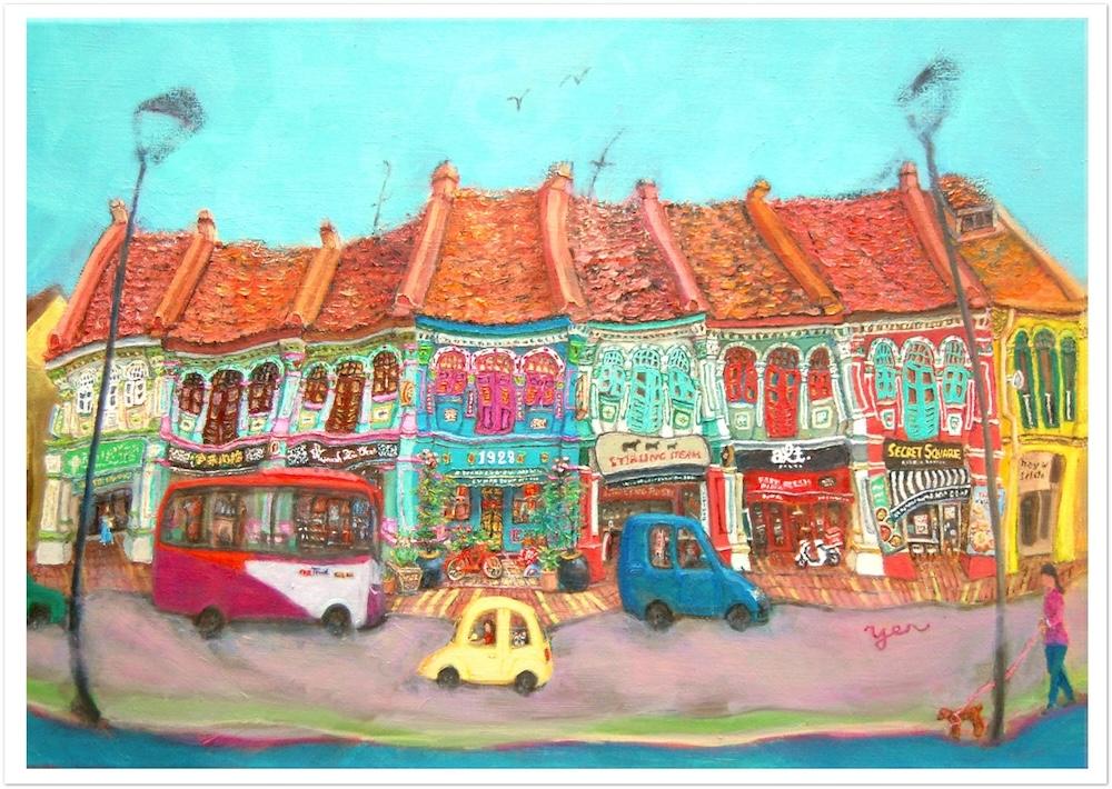 Singapore Signed Art Poster of Katong Shophouses Street Painting with Traditional Peranakan Rumah Bebe Shop, a Vibrant Asia Travel Souvenir Print
