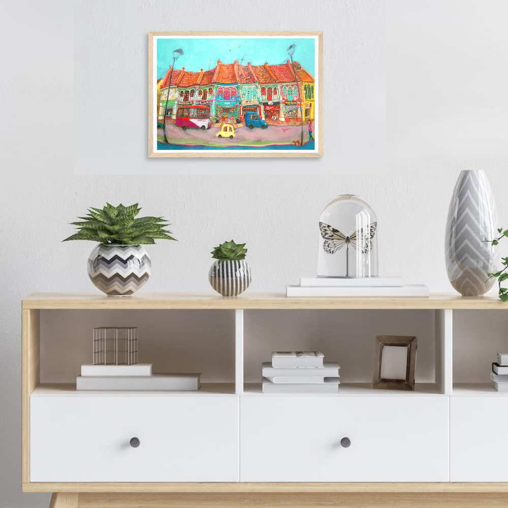 Singapore Signed Art Poster of Katong Shophouses Street Painting with Traditional Peranakan Rumah Bebe Shop, a Vibrant Asia Travel Souvenir Print