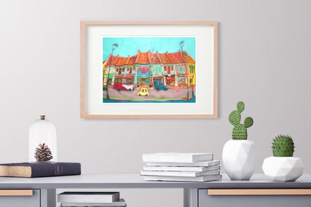 Singapore Signed Art Poster of Katong Shophouses Street Painting with Traditional Peranakan Rumah Bebe Shop, a Vibrant Asia Travel Souvenir Print