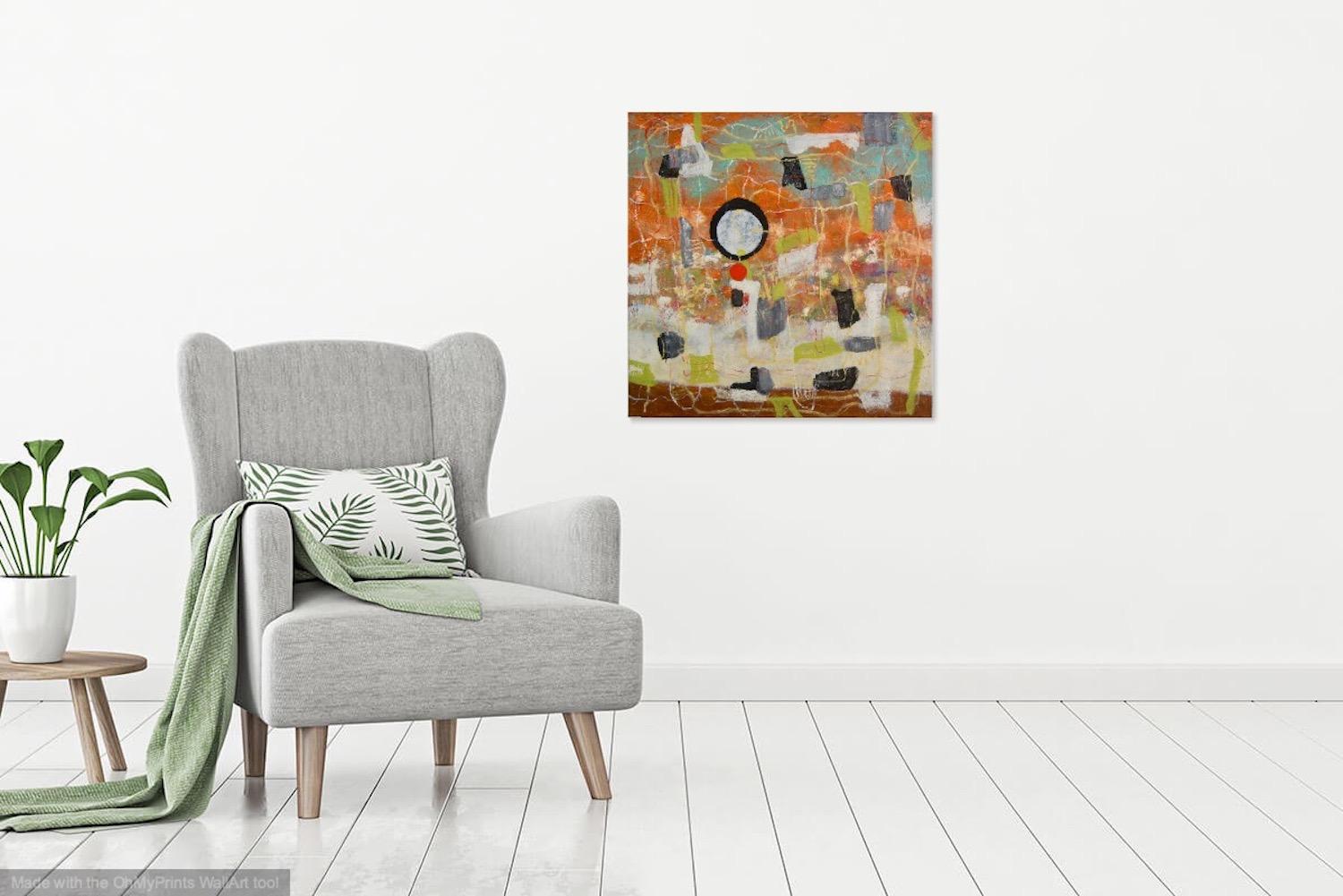 Orange Abstract Oil Painting: Whimsical Zen Circle Impasto Art - Musings